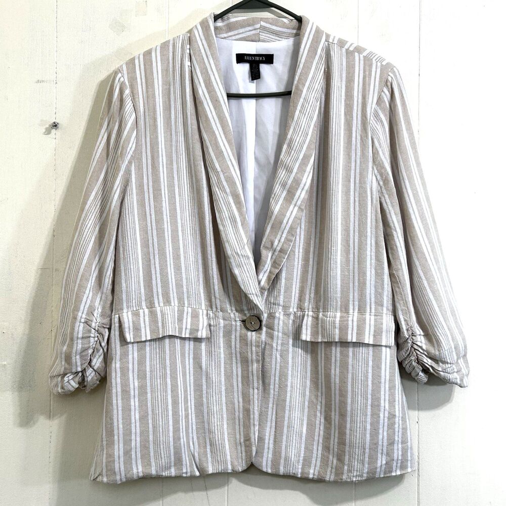 Ellen Tracy  Womens Oatmeal White Linen Blend Blazer Size Large Scrunch Sleeve.